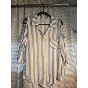 Women's Umgee White Blue Striped Cold Shoulder Blouse Size L